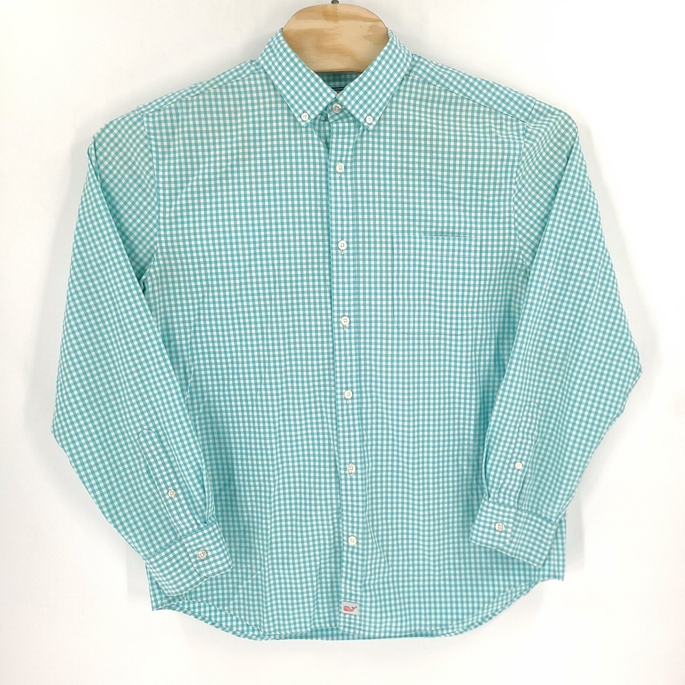 Vineyard Vines Teal and White Gingham Button-Down Shirt